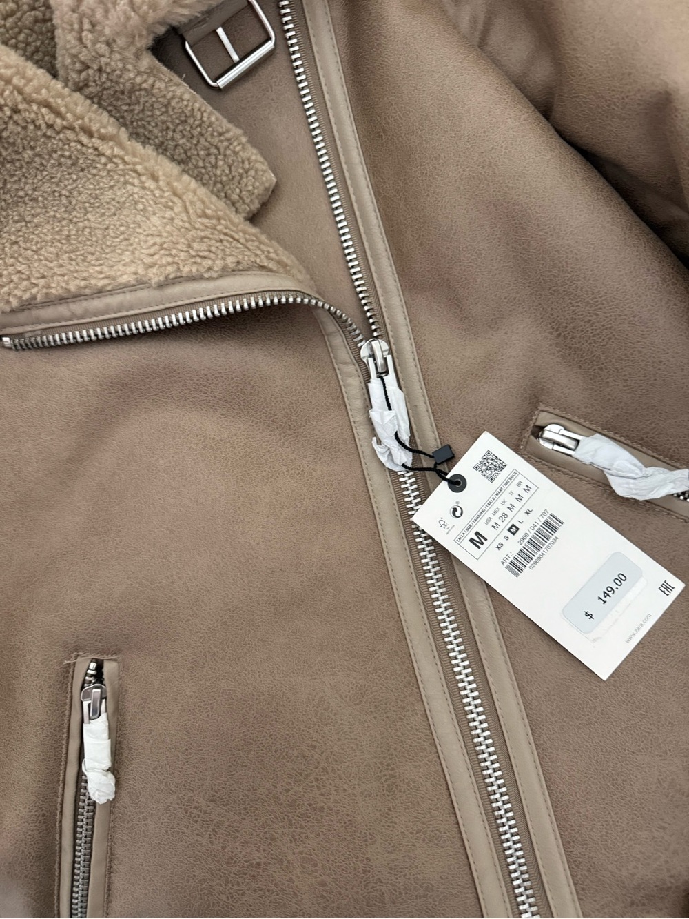 ZARA Taupe Faux Shearling Moto Jacket - Picture 2 of 4